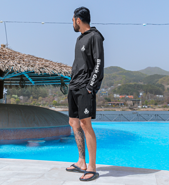 (L-5XL)<BR>블랙기어 軽警備員 フードティーシャツ+젠타르 軽警備員 バンディング半ズボン