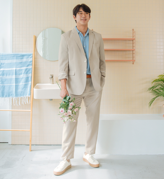 (L-4XL)<BR>모그파스 リネンのジャケット+브라이언 バンディングスラックス