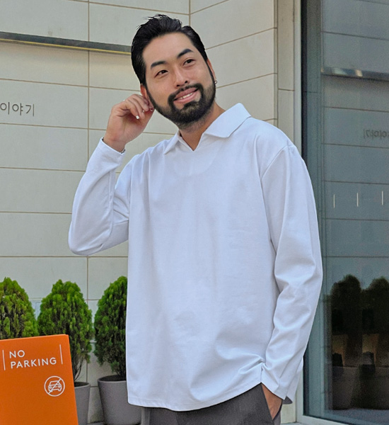 (L~5XL)<br>모아라사 オープンカラー 長袖Tシャツ