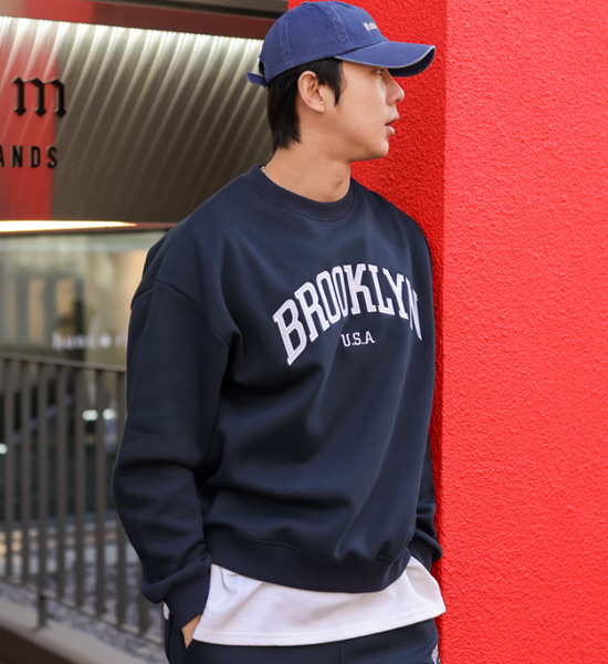 (L-6XL)<br>오피난 ブルックリン 刺繍入りのスウェットシャツ <br><font color="#098a09"><B>長さを選択 (基本的な,ロング+6cm)</B></font>