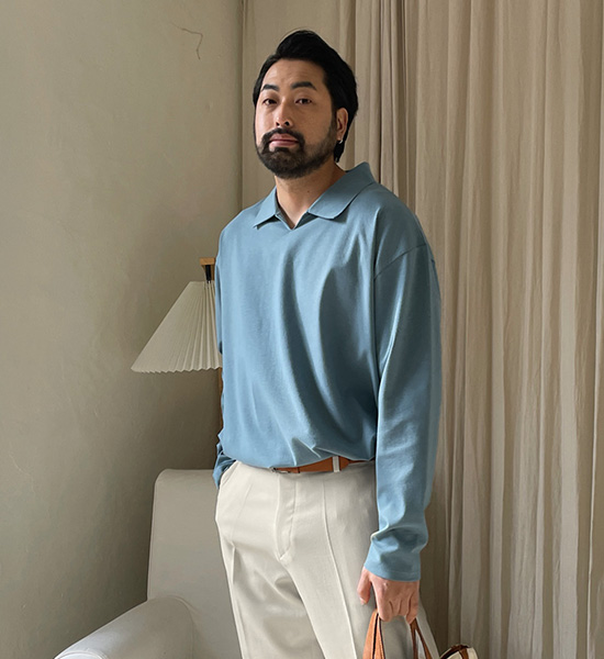 (L~5XL)<BR>모아라사 オープンカラー 長袖Tシャツ