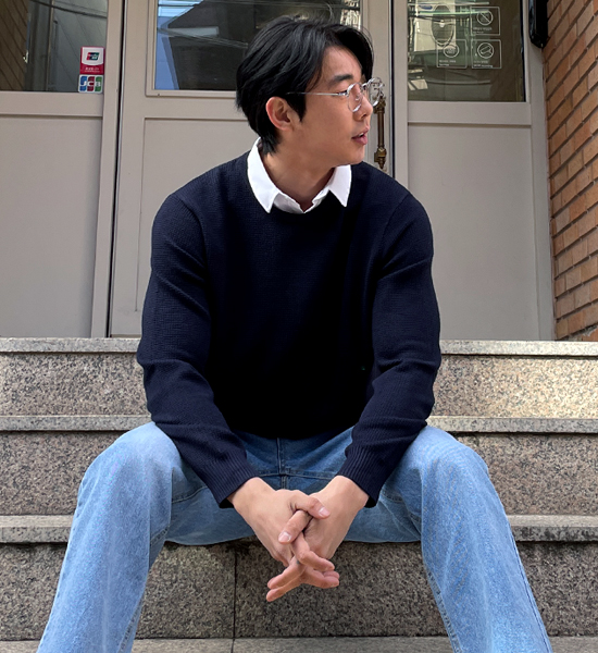 (L-5XL)<br>데이브 シャツレイヤード ワッフルニット<BR><B><FONT COLOR="#ff4800">[追加割引]</FONT></B>