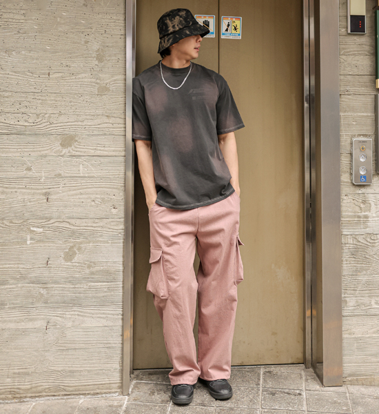 (L-5XL)<BR>치카모 セミワイドフィット 顔料 カーゴバンディングパンツ