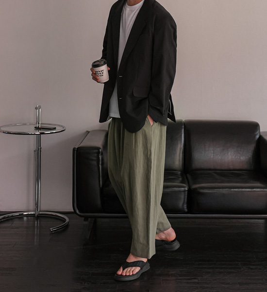 (L-5XL)<BR>사르노 ワイドフィット リネン バンディングパンツ