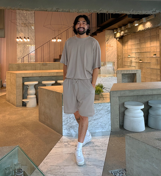 (XL-6XL)<BR>자토다 ワッフル半袖Tシャツ+비카마크 ワッフルバンドのショートパンツ