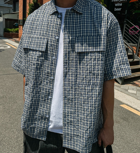 (L-5XL)<br>쿤드리 チェック半袖シャツ 1105