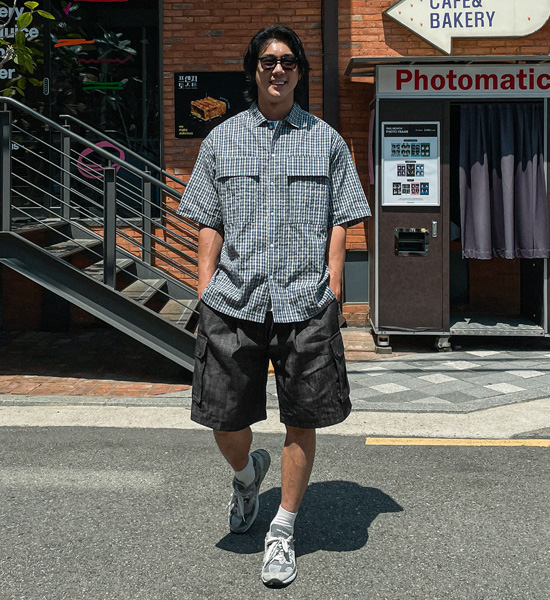 (L-5XL)<br>쿤드리 チェック半袖シャツ 1105