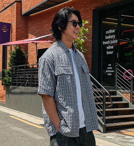 (L-5XL)<br>쿤드리 チェック半袖シャツ 1105