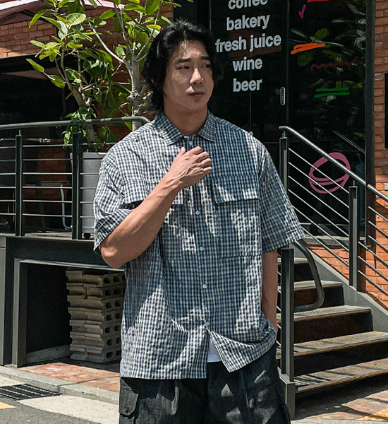 (L-5XL)<br>쿤드리 チェック半袖シャツ 1105