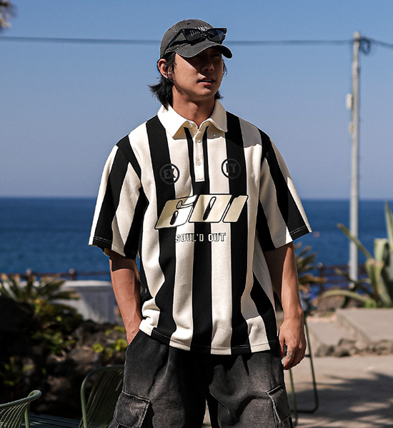(L-5XL)<br>피번 ストライプ 半袖襟Tシャツ 601