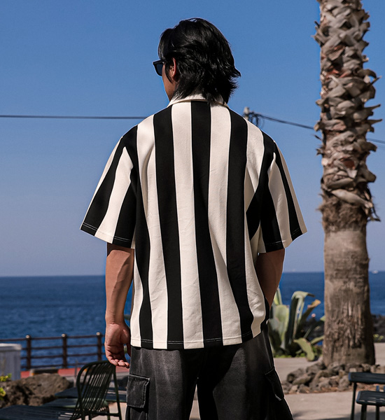 (L-5XL)<br>피번 ストライプ 半袖襟Tシャツ 601