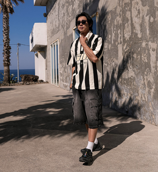 (L-5XL)<br>피번 ストライプ 半袖襟Tシャツ 601