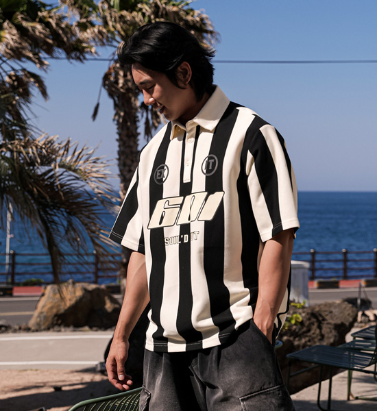 (L-5XL)<br>피번 ストライプ 半袖襟Tシャツ 601