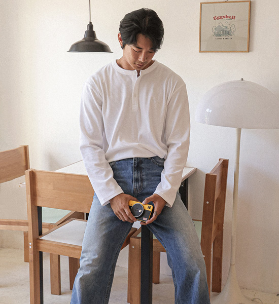 (L-5XL)<BR>티니얼 ヘンリーネック 長袖Tシャツ