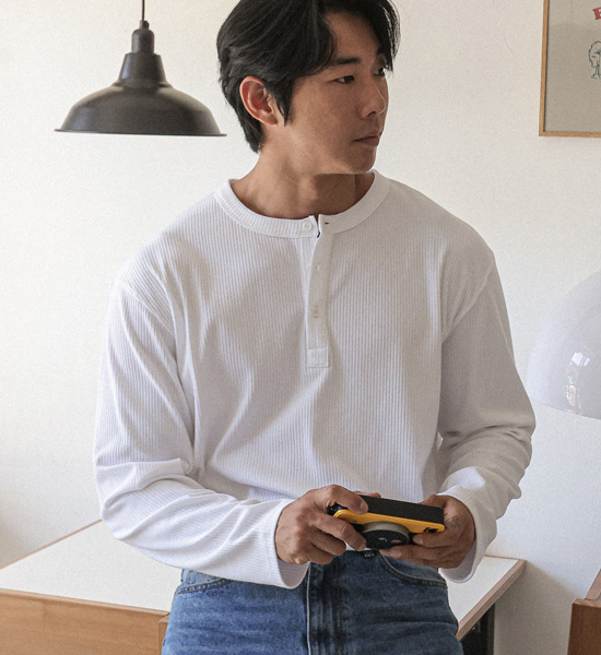 (L-5XL)<BR>티니얼 ヘンリーネック 長袖Tシャツ