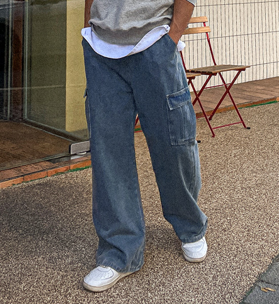 (M-4XL)<BR>로쑤 セミワイドフィット カーゴデニム バンディングパンツ