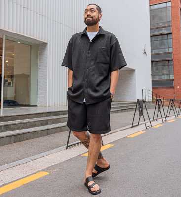 (XL-4XL)<br>크로플 半袖シャツ+프로이드 バンディング半ズボン