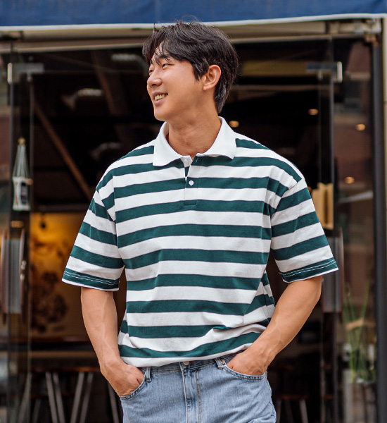 (L~5XL)<br>라글러 半袖襟Tシャツ