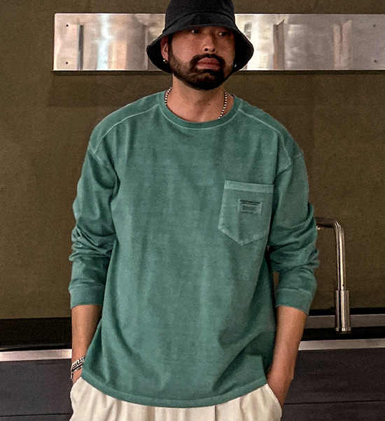 (L-5XL)<BR>몬티노 顔料 切開長袖Tシャツ T107