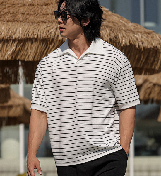 (L-5XL)<BR>아디드 縞模様 半袖襟Tシャツ T12