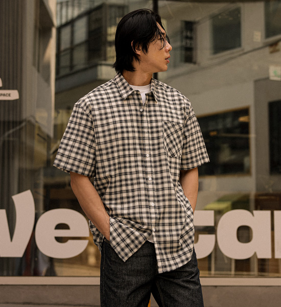 (L-5XL)<br>치드린 チェック半袖シャツ N005