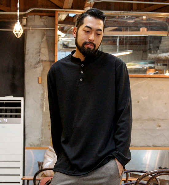 (L~5XL)<br>마리트 3단추 ヘンリーネックの長袖Tシャツ