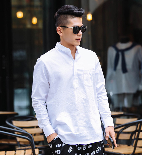 (M-4XL)<br>가창력 ヘンリーネック シャツ <br><font color="#098a09"><B>長さを選択 (基本的な,ロング+6cm)</B></font>