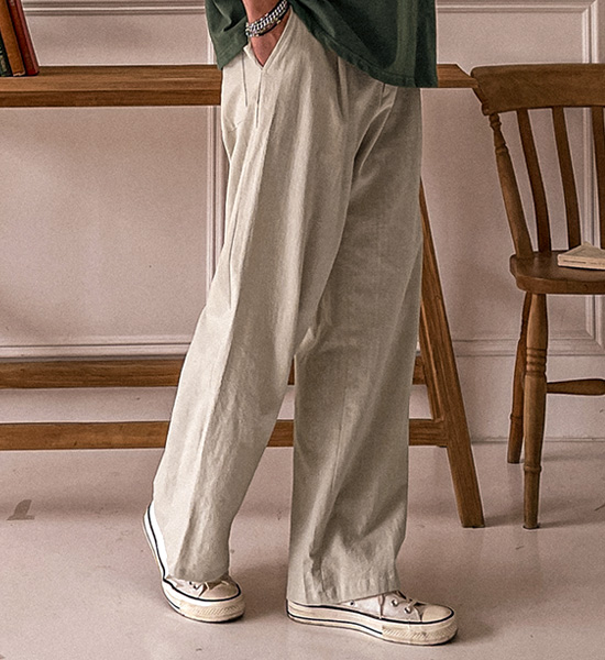(L-5XL)<BR>스코퍼스 セミワイドフィット バックバンディング 린넨팬츠