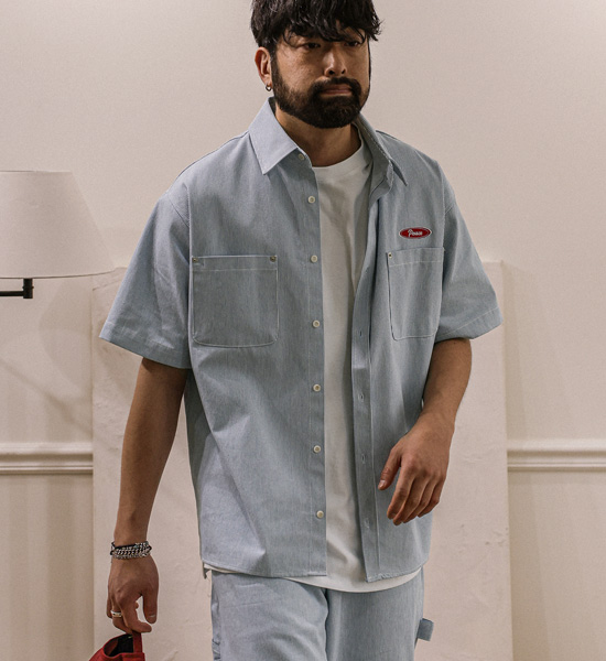 코로겐 ストライプ デニム半袖シャツ+비첸 セミワイドフィット バックバンディング デニムパンツ