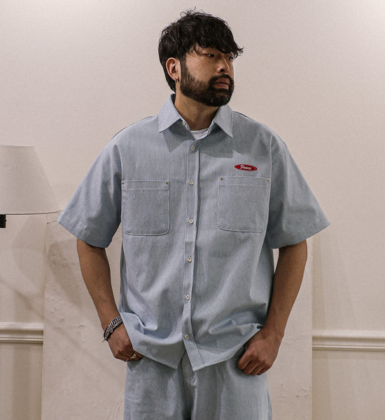 코로겐 ストライプ デニム半袖シャツ