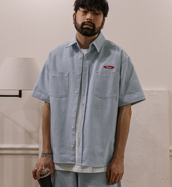코로겐 ストライプ デニム半袖シャツ