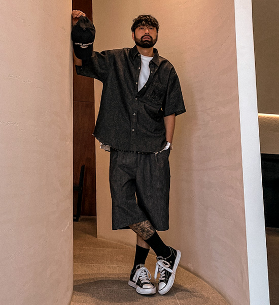 (L-5XL)<BR>우보스코 デニム半袖シャツ
