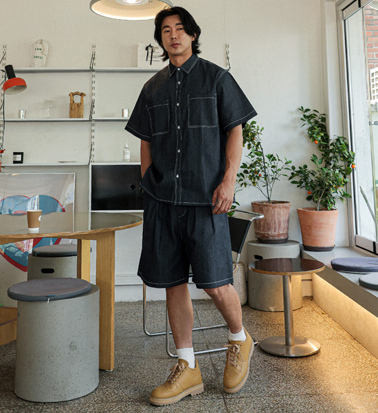(XL-6XL)<BR>카이토 リネンノンウォッシュジーンズ 半袖シャツ