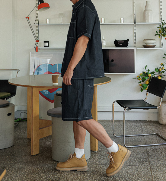 (XL-6XL)<BR>카이토 リネンノンウォッシュジーンズ 半袖シャツ+라리야 リネンノンウォッシュジーンズ バンディング半ズボン