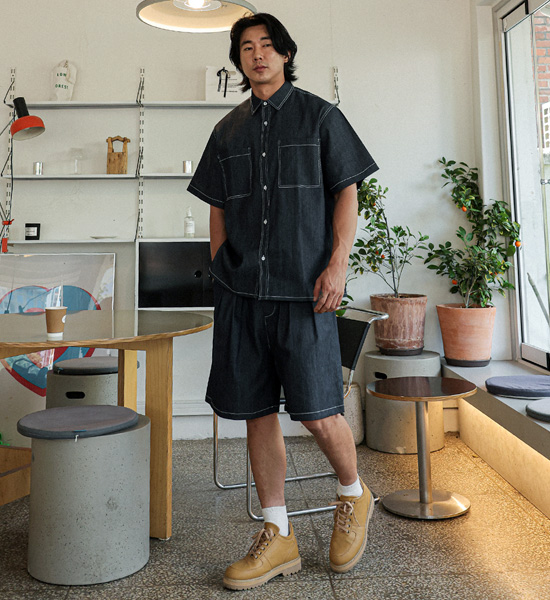 (XL-6XL)<BR>카이토 リネンノンウォッシュジーンズ 半袖シャツ+라리야 リネンノンウォッシュジーンズ バンディング半ズボン