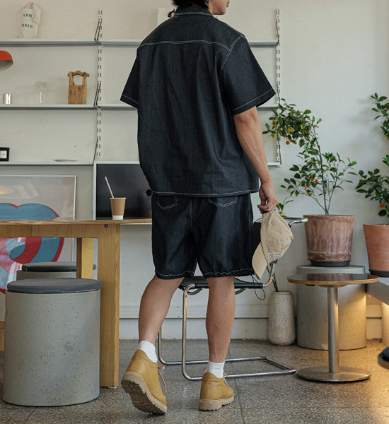 (XL-6XL)<BR>카이토 リネンノンウォッシュジーンズ 半袖シャツ+라리야 リネンノンウォッシュジーンズ バンディング半ズボン