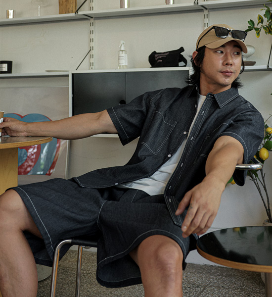 (XL-6XL)<BR>카이토 リネンノンウォッシュジーンズ 半袖シャツ+라리야 リネンノンウォッシュジーンズ バンディング半ズボン