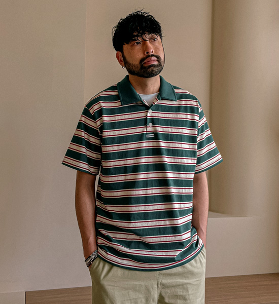 (L-5XL)<BR>퍼디타 縞模様 半袖襟Tシャツ