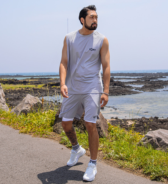 (M-6XL)<BR>크루엘라 メッシュ 袖なし+에어워킹 メッシュ バンディング半ズボン<br><font color="#072c81"><B>[ W.DNA ]</B></font>
