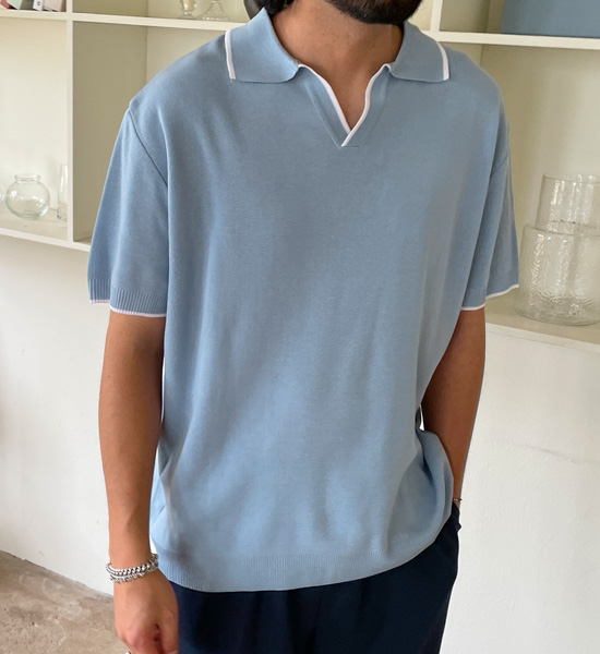 (L-5XL)<br>라타리 オープンカラー 半袖のニット<br><font color="#fb5ec9"><B>[1+1]</B></font>