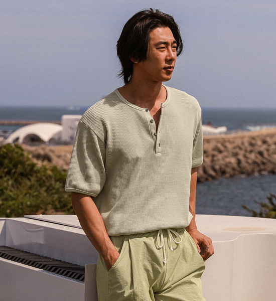마이푸 顔料 ヘンリーネック半袖Tシャツ