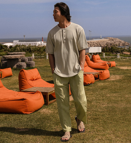 마이푸 顔料 ヘンリーネック半袖Tシャツ