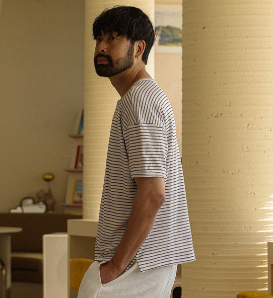 라반다 ストライプ ヘンリーネック半袖Tシャツ