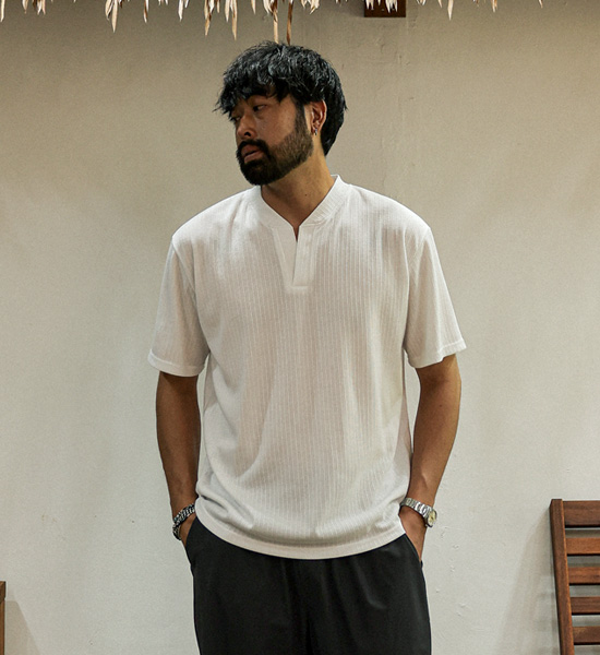 (L-4XL)<br>클린치 ヘンリーネック 半そでティー