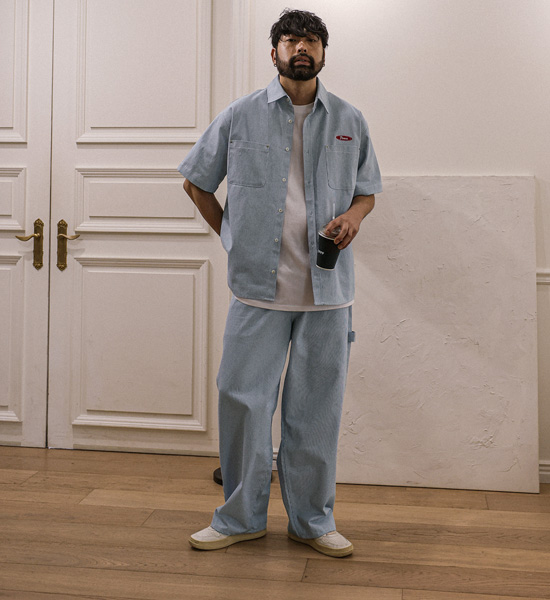 (M-5XL)<BR>코로겐 ストライプ デニム半袖シャツ