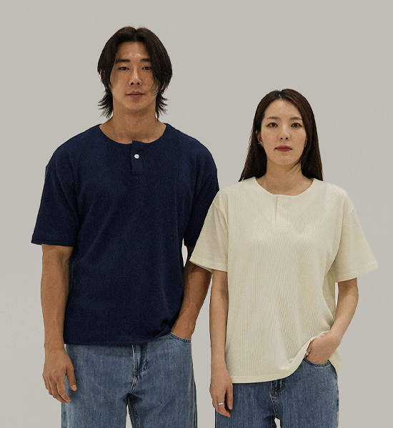 (L-5XL)<br>벨론 ヘンリーネック 半そでティー<br><font color="#fb5ec9"><B>[1+1]</B></font>
