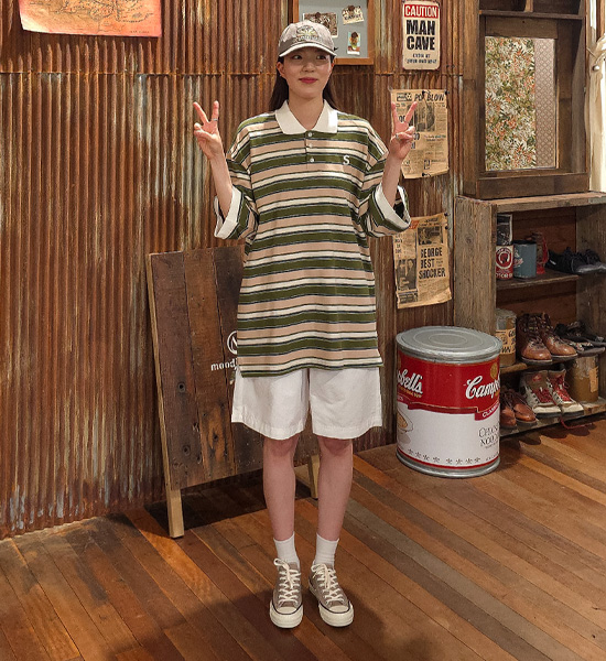 (L-5XL)<BR>바트할 縞模様 半袖襟Tシャツ