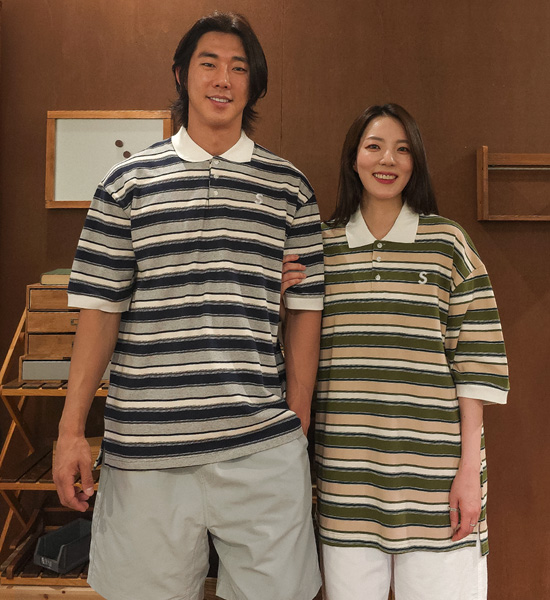 (L-5XL)<BR>바트할 縞模様 半袖襟Tシャツ