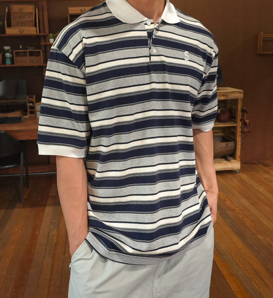 (L-5XL)<BR>바트할 縞模様 半袖襟Tシャツ