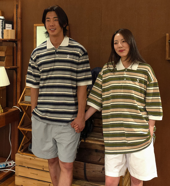 (L-5XL)<BR>바트할 縞模様 半袖襟Tシャツ
